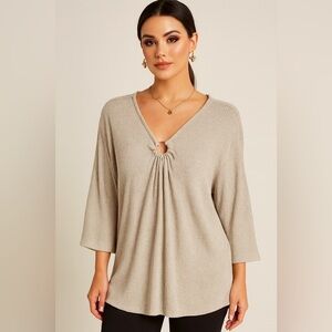 Ruby Red Pullover Women’s Beige Knit Top with unique Ring Detail Neckline Size2X